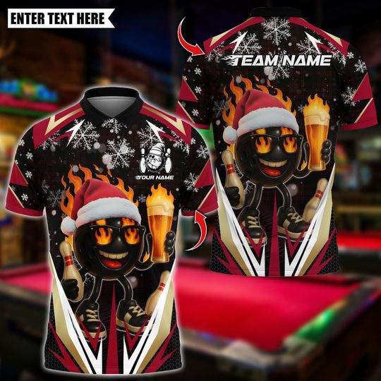 Discover Personalized Bowling Polo Shirt, Bowling Santa Fire Strike With Beer Design, Custom Bowling Polo for Men, Personalized Name Team 3D Shirt