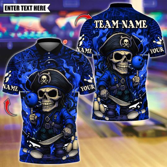 Discover Custom Bowling Polo Shirt, Pirate Captain Skeleton Design, Personalized Bowling Polo for Men Women, Personalized Name Team 3D Shirt