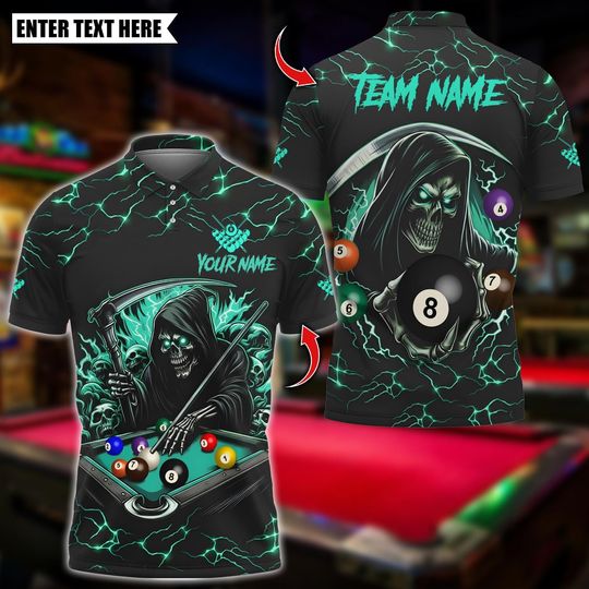 Discover Personalized Name Billiards Polo Shirt, Funny Death Skeleton 8 Ball Pool Design, Custom Team Shirt for Men, Gift for Billiards Players