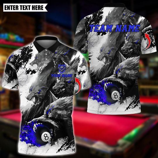 Discover Personalized Name Billiards Polo Shirt, Wolf Billiards 8 Ball Design, Custom Team Shirt for Men, Gift for Billiards Players