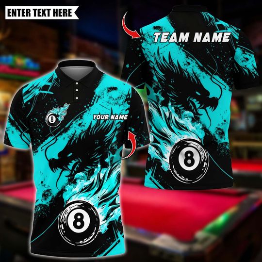 Discover Personalized Name Billiards Polo Shirt, Billiards 8 Ball Dragon Fire Design, Custom Team Shirt for Men, Gift for Billiards Players