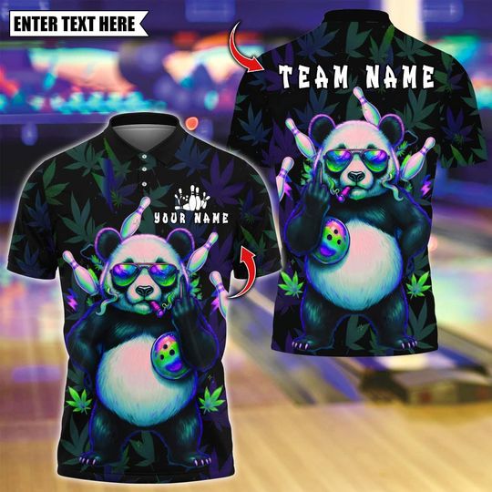 Discover Custom Bowling Polo Shirt, Panda 420 Leaf Bowling Neon Glow Design, Personalized Bowling Polo for Men Women, Personalized Name Team 3D Shirt