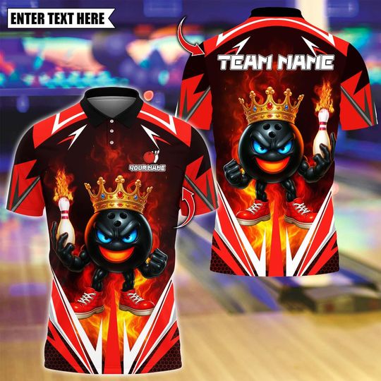 Discover Custom Bowling Polo Shirt, King Bowling Cartoon With Flame Design, Personalized Bowling Polo for Men Women, Personalized Name Team 3D Shirt