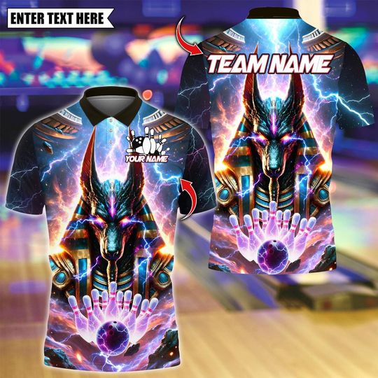 Discover Custom Bowling Polo Shirt, Anubis Lightning Bowling Design, Personalized Bowling Polo for Men Women, Personalized Name Team 3D Shirt