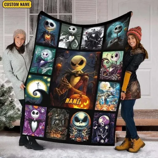 Personalize Name Jack Skellington Fleece Blanket Nightmare Before Christmas