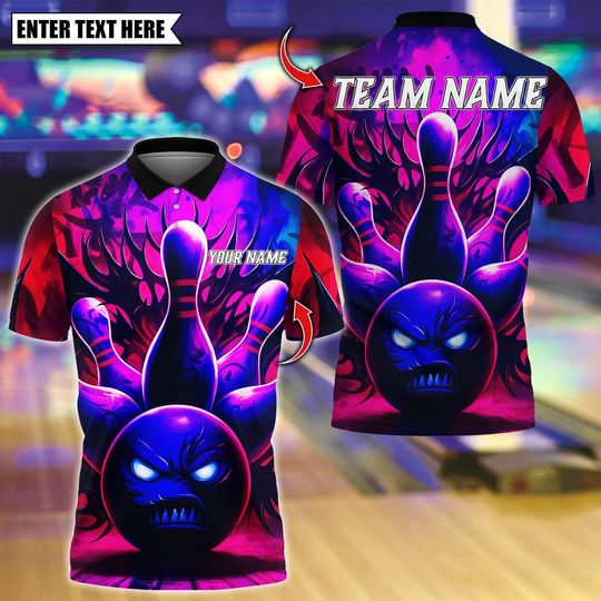Discover Custom Bowling Polo Shirt, Bowling And Pins Demon Ball Design, Personalized Bowling Polo for Men Women, Personalized Name Team 3D Shirt
