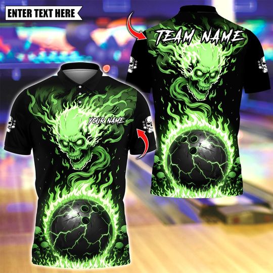 Discover Custom Bowling Polo Shirt, Flaming Skull Bowling Design, Personalized Bowling Polo for Men Women, Personalized Name Team 3D Shirt
