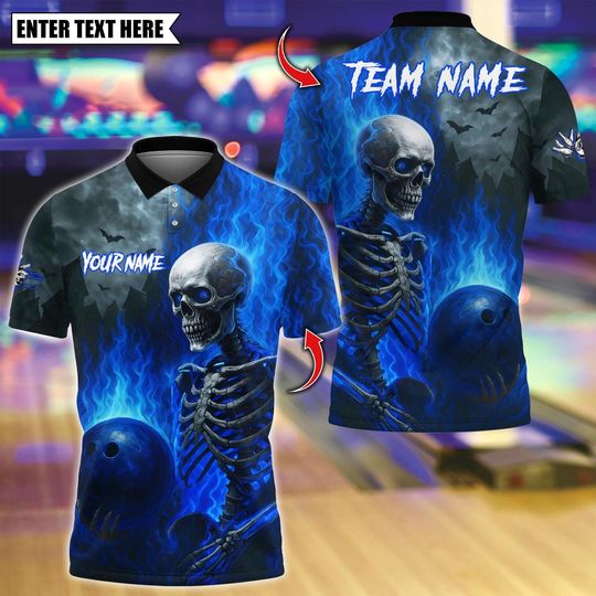 Discover Custom Bowling Polo Shirt, Flames Bowling Skeleton Design, Personalized Bowling Polo for Men Women, Personalized Name Team 3D Shirt