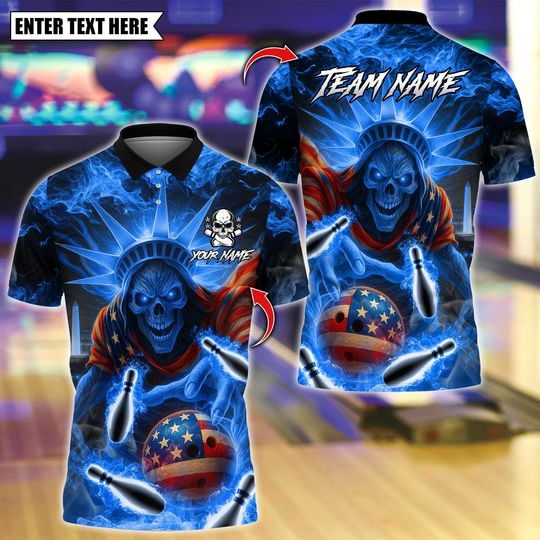 Discover Custom Bowling Polo Shirt, US Skull Liberty Design, Personalized Bowling Polo for Men Women, Personalized Name Team 3D Shirt