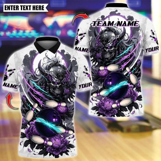 Discover Custom Bowling Polo Shirt, Demon Samurai With Flower Bowling Design, Personalized Bowling Polo for Men, Personalized Name Team 3D Shirt