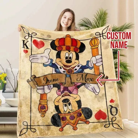 Personalized Card Mickey Minnie Couple Blanket, Custom Name Fleece Blanket
