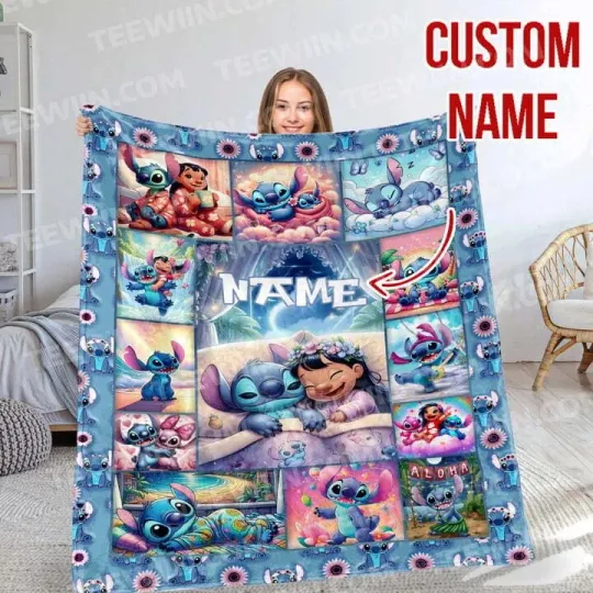 Discover Personalized Lilo And Stitch Blanket, Custom Name Stitch Disney Fleece Blanket