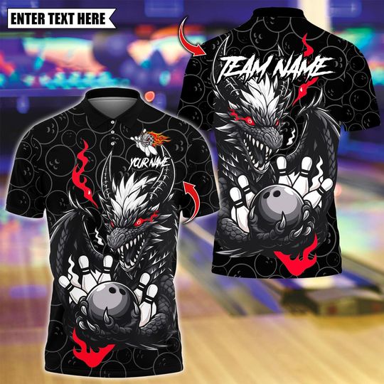 Discover Custom Bowling Polo Shirt, Black Dragon Ball Strike Power Design, Personalized Bowling Polo for Men Women, Personalized Name Team 3D Shirt