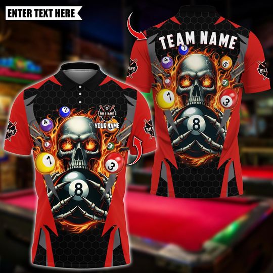 Discover Custom Billiards Shirt, Billiards Ball 8 Pool Skull Fire Thunder Design,Personalized Billiards Polo for Men, Personalized Name Team 3D Shirt