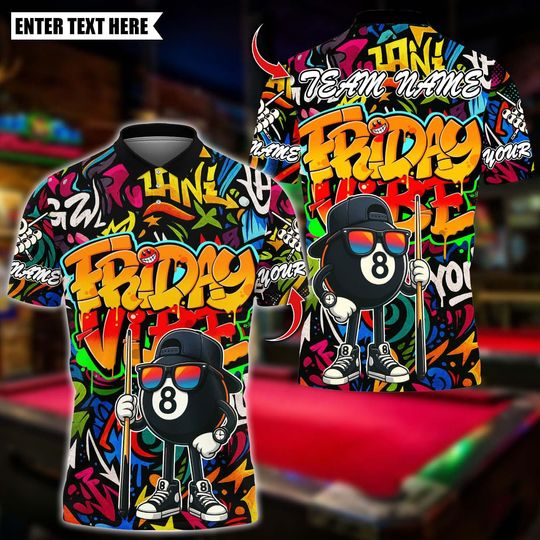 Discover Custom Billiards Polo Shirt, Cool 8 Ball Friday Vibe Graffiti Design, Personalized Billiards Polo for Men, Personalized Name Team 3D Shirt