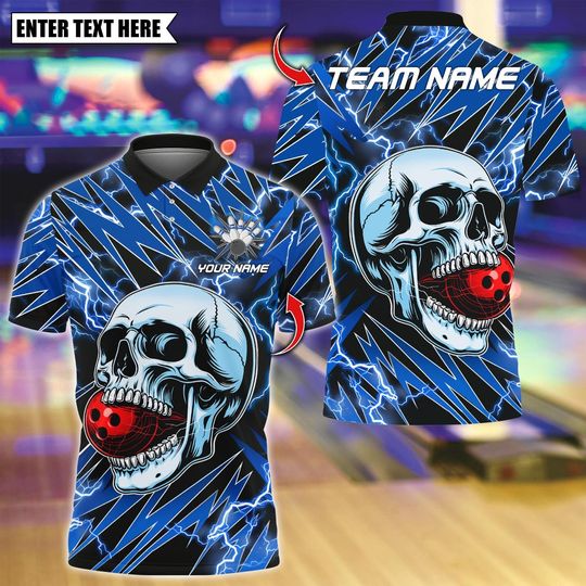 Discover Custom Bowling Polo Shirt, Lightning Thunder Skull Bowling Design, Personalized Bowling Polo for Men Women, Personalized Name Team 3D Shirt
