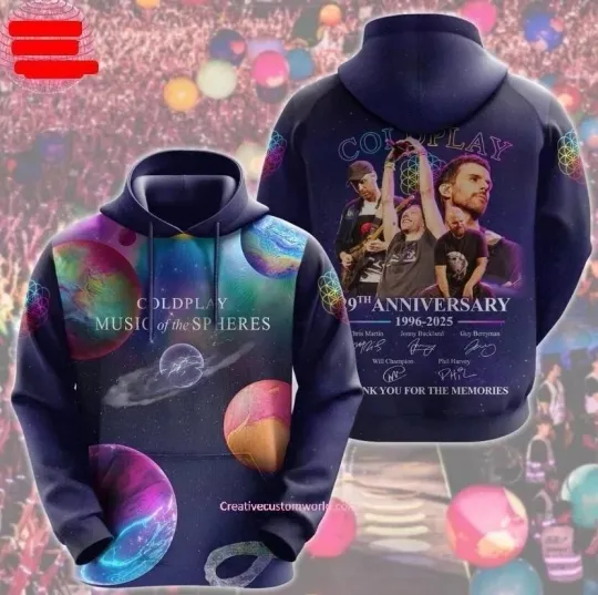 Coldplay Music of the Spheres 3D Hoodie 29th Anniversary 1996-2025