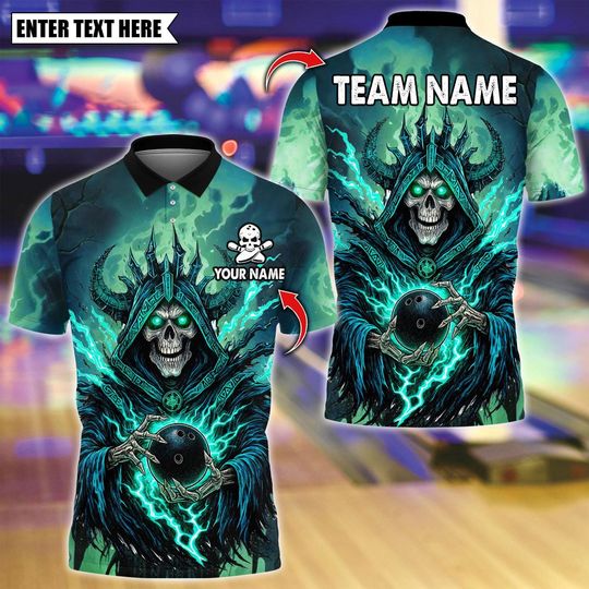 Discover Custom Bowling Polo Shirt, Flame Grim Reaper With Bowling Design, Personalized Bowling Polo for Men Women, Personalized Name Team 3D Shirt