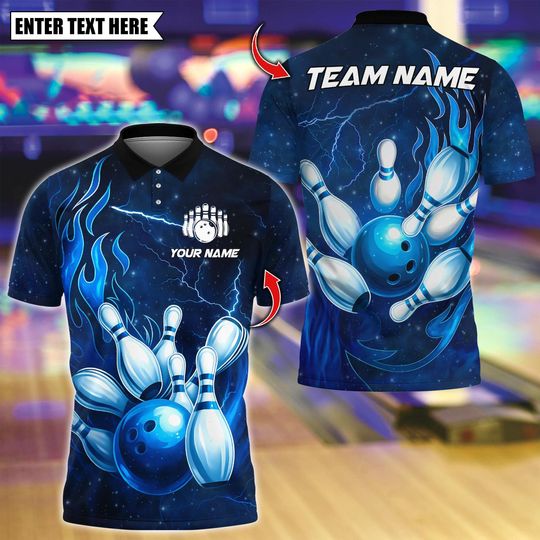 Discover Custom Bowling Polo Shirt, Flame Thunder Bowling Design, Personalized Bowling Polo for Men Women, Personalized Name Team 3D Shirt