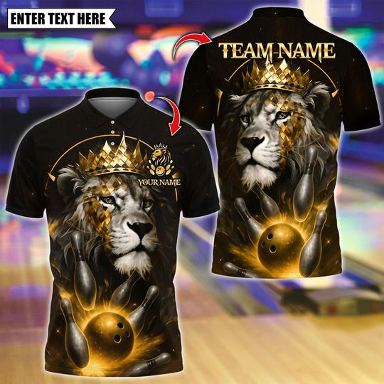Discover Custom Bowling Polo Shirt, Brave King Lion With Bowling Design, Personalized Bowling Polo for Men Women, Personalized Name Team 3D Shirt