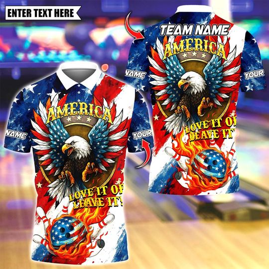 Discover Custom Bowling Polo Shirt, American Eagle With Flaming USA Flag Design, Personalized Bowling Polo for Men, Personalized Name Team 3D Shirt