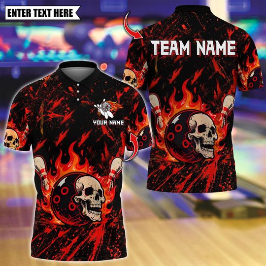 Discover Custom Bowling Polo Shirt, Flame Skull Bowling Design, Personalized Bowling Polo for Men Women, Personalized Name Team 3D Shirt