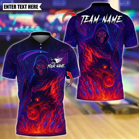 Discover Custom Bowling Polo Shirt, Flame Grim Reaper With Fire Wolf Design, Personalized Bowling Polo for Men Women, Personalized Name Team 3D Shirt