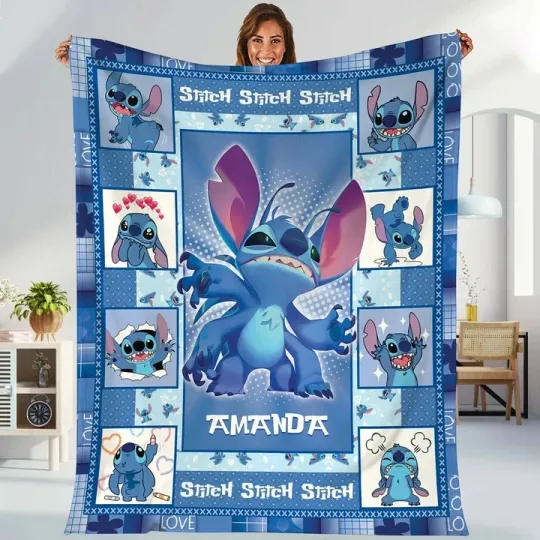 Discover Personalized Name Cute Lilo & Stitch Blanket, Disney Stitch Fleece Blanket