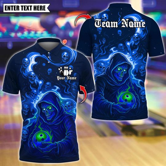 Discover Custom Bowling Polo Shirt, Flame Grim Reaper With Bowling Design, Personalized Bowling Polo for Men Women, Personalized Name Team 3D Shirt