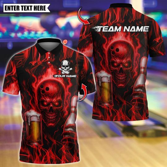 Discover Custom Bowling Polo Shirt, Skull Flame Beer With Pin Design, Personalized Bowling Polo for Men Women, Personalized Name Team 3D Shirt