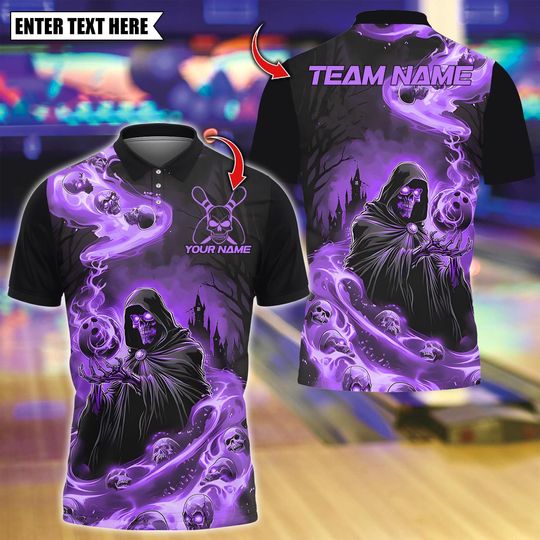 Discover Custom Bowling Polo Shirt, Flame Reaper And Fire Skull Design, Personalized Bowling Polo for Men Women, Personalized Name Team 3D Shirt
