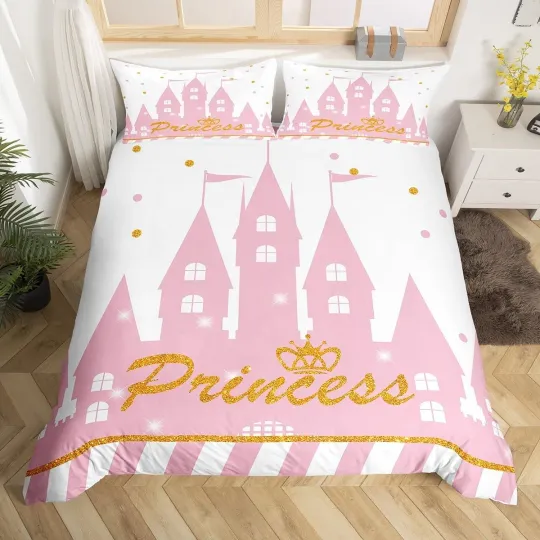 Discover Girls Princess Duvet Cover Set Queen Size with Castle Cartoon Design 3-Piece Bedding Set