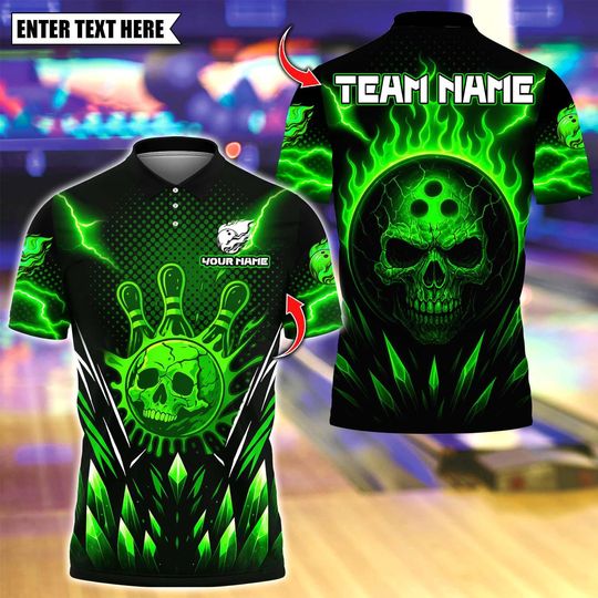 Discover Custom Bowling Polo Shirt, Bowling And Pins Neon Skull Vibes Design, Personalized Bowling Polo for Men Women,Personalized Name Team 3D Shirt