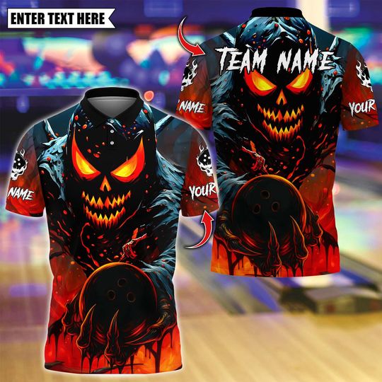 Discover Custom Bowling Polo Shirt, Evil Pumpkin Demon With Bowling Design, Personalized Bowling Polo for Men Women, Personalized Name Team 3D Shirt