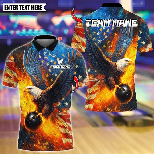 Discover Custom Bowling Polo Shirt, Sky Eagle US Flag With Bowling Design, Personalized Bowling Polo for Men Women, Personalized Name Team 3D Shirt