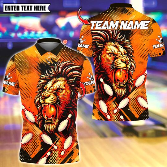 Discover Custom Bowling Polo Shirt, Lion With Bowling Design, Personalized Bowling Polo for Men Women, Personalized Name Team 3D Shirt