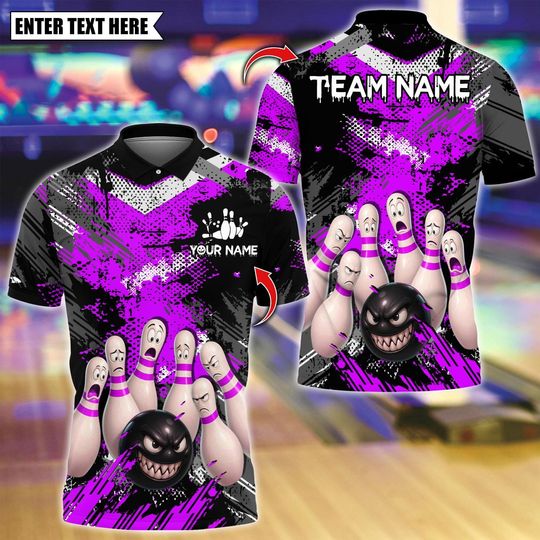 Discover Custom Bowling Polo Shirt, Bowling Angry Ball vs Screaming Pins Design, Personalized Bowling Polo for Men,Personalized Name Team 3D Shirt