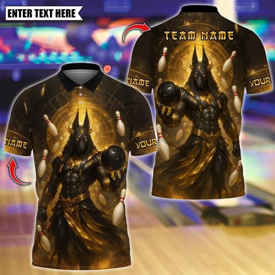 Discover Custom Bowling Polo Shirt, Ancient Egyptian God Anubis With Bowling Design, Personalized Bowling Polo, Personalized Name Team 3D Shirt