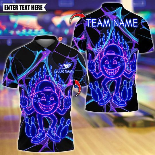 Discover Custom Bowling Polo Shirt, Funny Neon Bowling Design, Personalized Bowling Polo for Men Women, Personalized Name Team 3D Shirt