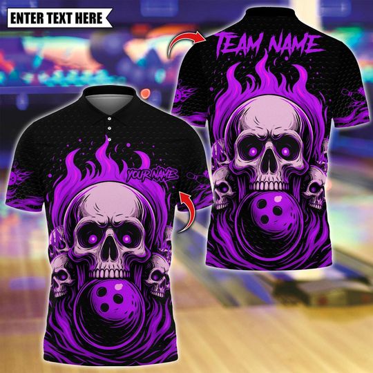 Discover Custom Bowling Halloween Shirt, Flame Skull Team Design, Personalized Bowling Polo for Men & Women, Personalized Name Team 3D Shirt