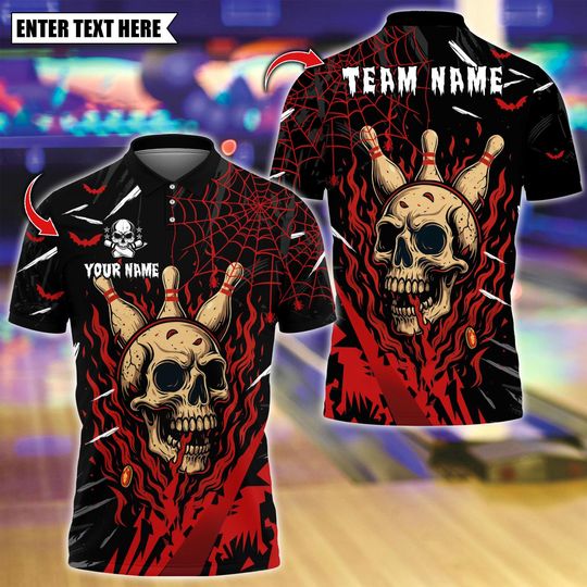 Discover Custom Bowling Polo Shirt, Flame Bowling Skull Halloween Design, Personalized Bowling Polo for Men Women, Personalized Name Team 3D Shirt