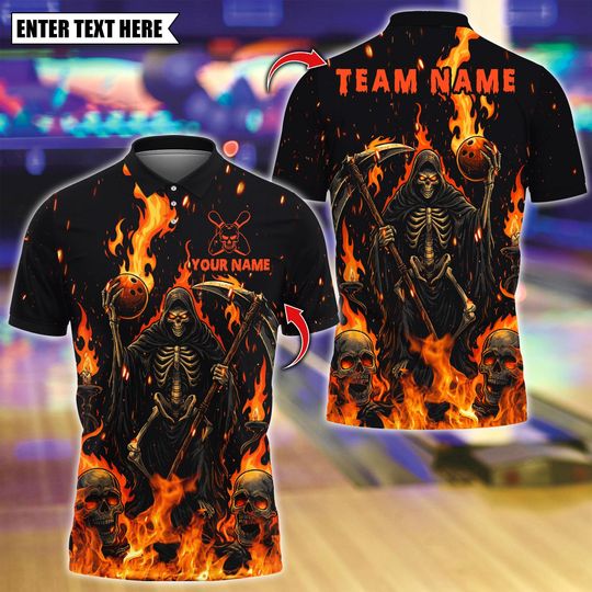 Discover Custom Bowling Polo Shirt, Flame Reaper And Fire Skull Design, Personalized Bowling Polo for Men Women, Personalized Name Team 3D Shirt