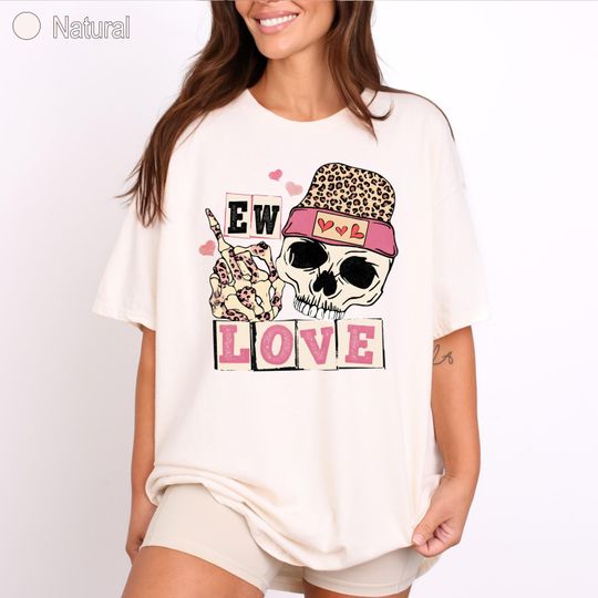 Discover EW Love T-shirt, Funny Skull Anti Valentine Shirt, Cute Creepy Leopard Gothic Art Mood Shirt