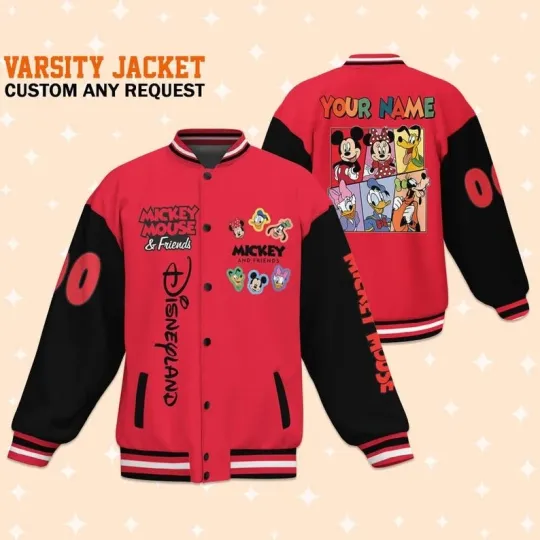 Personalized Mickey & Minnie Mouse Valentines Day Gift Black Red Baseball Jacket