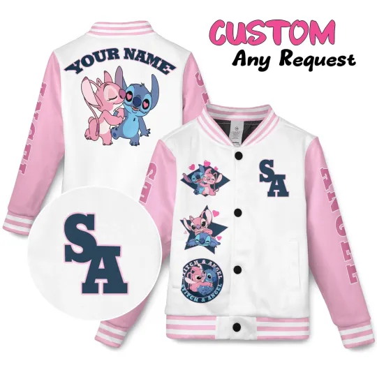 Personalized Stitch & Angel Couple Valentine's Day Lilo & Stitch Baseball Jacket