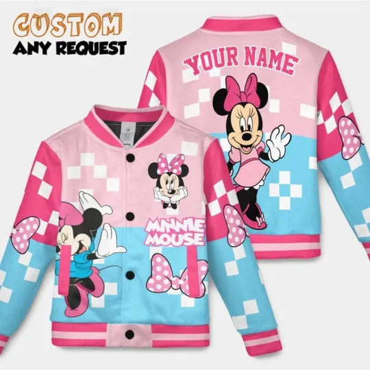 Personalized Cute Minnie Mouse Valentine Gift Blue Pink Baseball Jacket