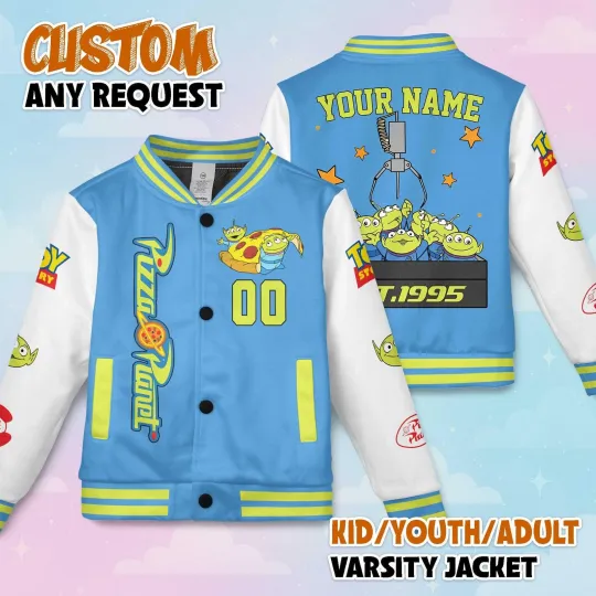Personalized Toy Story Little Green Aliens Pizza Planet Est 1995 Baseball Jacket