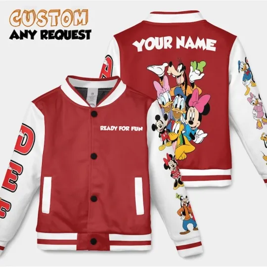 Discover Personalized Mickey And Friends Ready For Fun Black & White Baseball Jacket