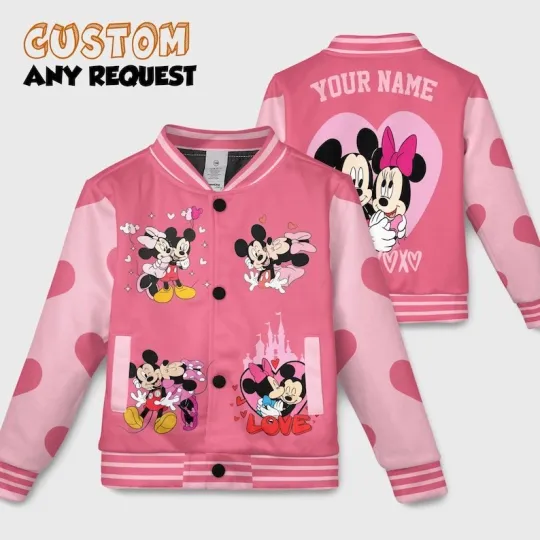 Discover Personalized Mickey & Minnie Couple Love Heart Valentine Gift Baseball Jacket