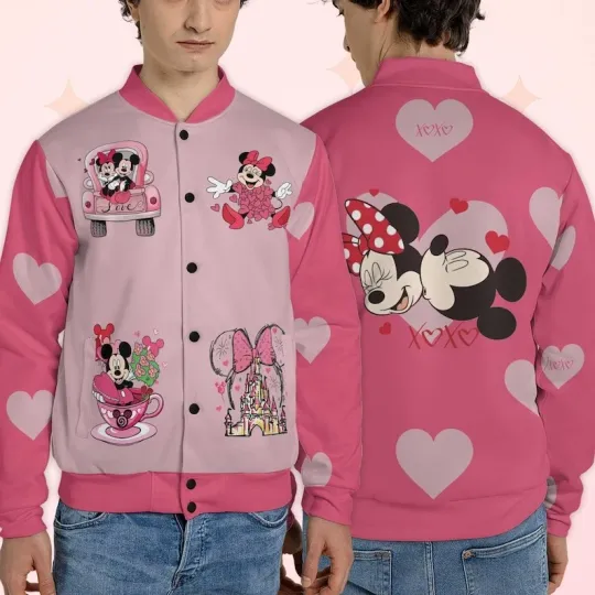 Mickey And Minnie Mouse Couple XoXo Love Valentine's Day Pink Baseball Jacket